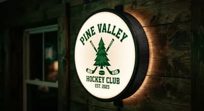 Round hockey-puck-shaped custom LED team sign with a diffused white face and vinyl logo