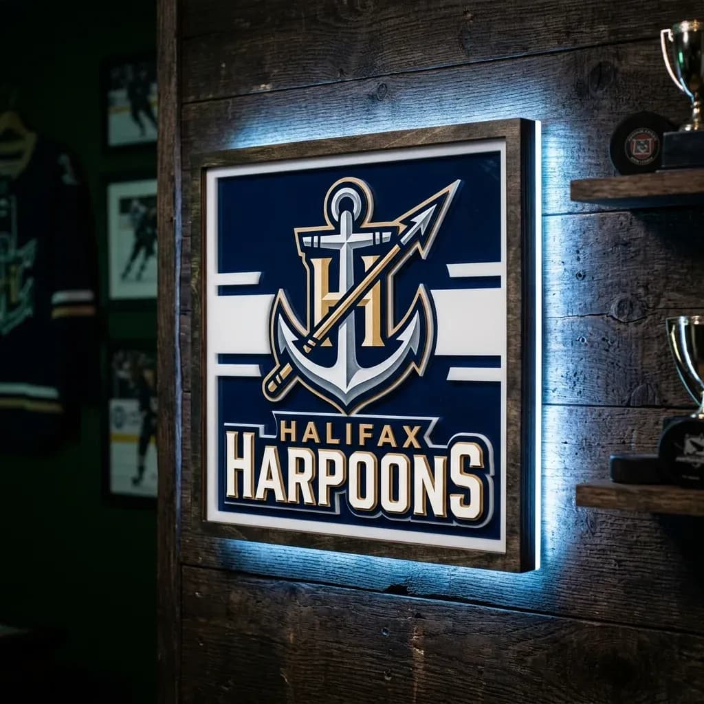 Square custom LED hockey team sign with a fictional team crest, edge-lit on dark wood