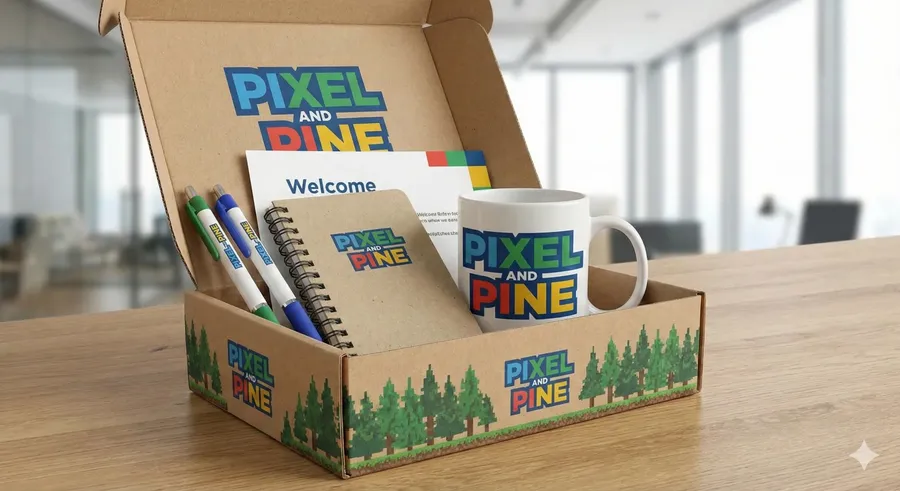 Pixel & Pine onboarding welcome box with notebook, pens, mug and pine-tree packaging
